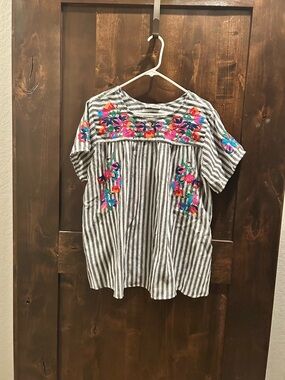 Striped Embroidered Peasant Tunic in Gray & White with Multicolor Floral Accents